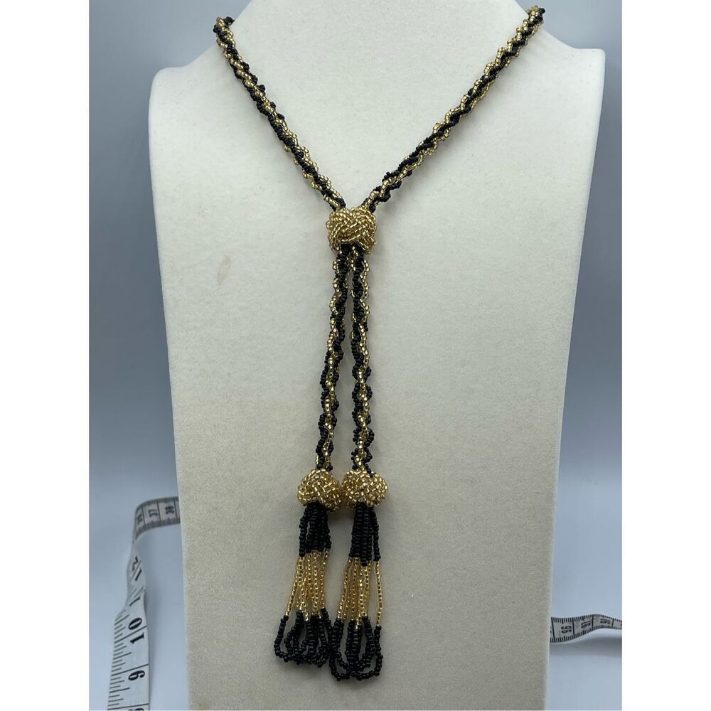 Vintage long seed bead flapper style black n gold necklace - Picture 9 of 11